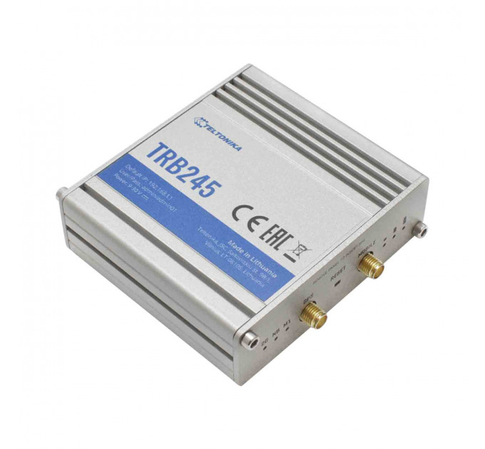 Маршрутизатор Teltonika TRB245 (TRB245000000) (industrial, 1xFE LAN, 2xSIM, 4G/LTE.Cat4, GPS, RS232/RS485, MODBUS, 16 pin, IP30, ALU Case, RMS, CLI, IoT, монтаж DIN rail, 1xSMA для LTE, 1xSMA для GPS)