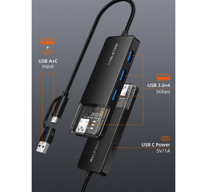 Концентратор Cabletime USB C/A - 4 Port USB 3.0, 5Gbps, 0.15 m (CB05B)
