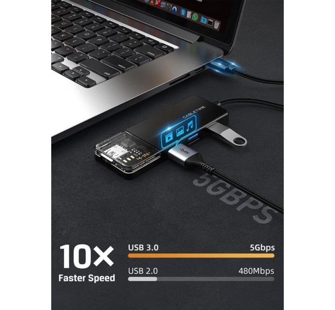 Концентратор Cabletime USB C/A - 4 Port USB 3.0, 5Gbps, 0.15 m (CB05B)