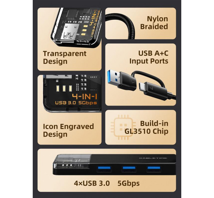Концентратор Cabletime USB C/A - 4 Port USB 3.0, 5Gbps, 0.15 m (CB05B)