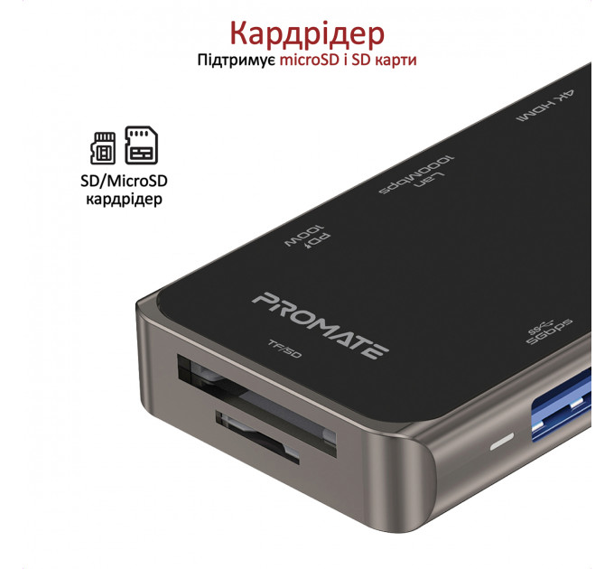 Концентратор USB Promate PrimeHub USB-C Grey (primehub-go.grey)