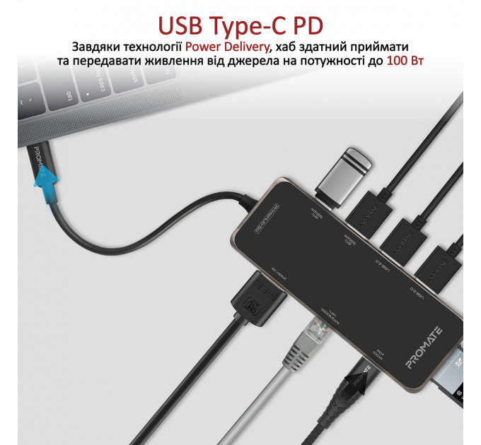 Концентратор USB Promate PrimeHub USB-C Grey (primehub-go.grey)