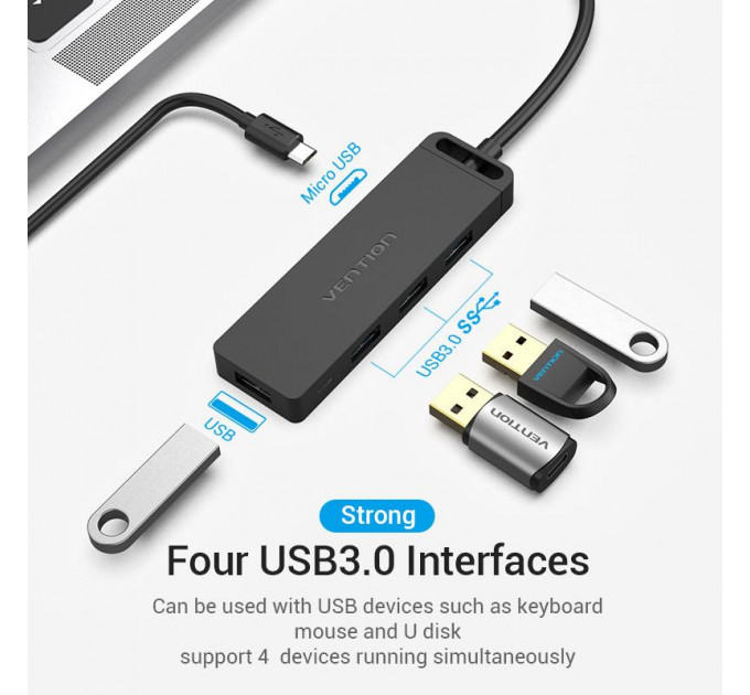 Концентратор Vention 4-Port с micro USB питанием 0.15M Black (TGKBB)