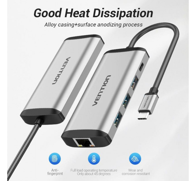 Концентратор Vention USB-C 3-Port, RJ-45, PD, 0.15 m (TGDHB)
