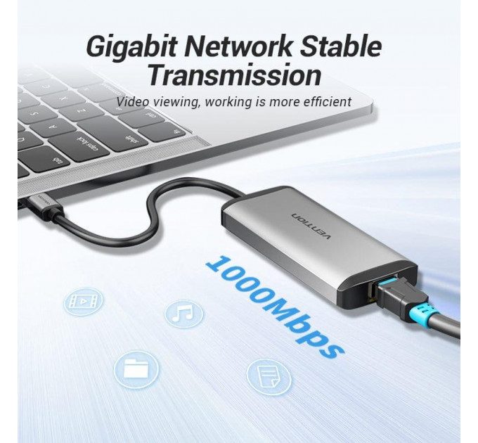 Концентратор Vention USB-C 3-Port, RJ-45, PD, 0.15 m (TGDHB)