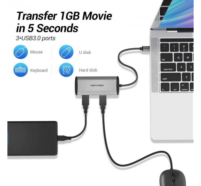Концентратор Vention USB-C 3-Port, RJ-45, PD, 0.15 m (TGDHB)