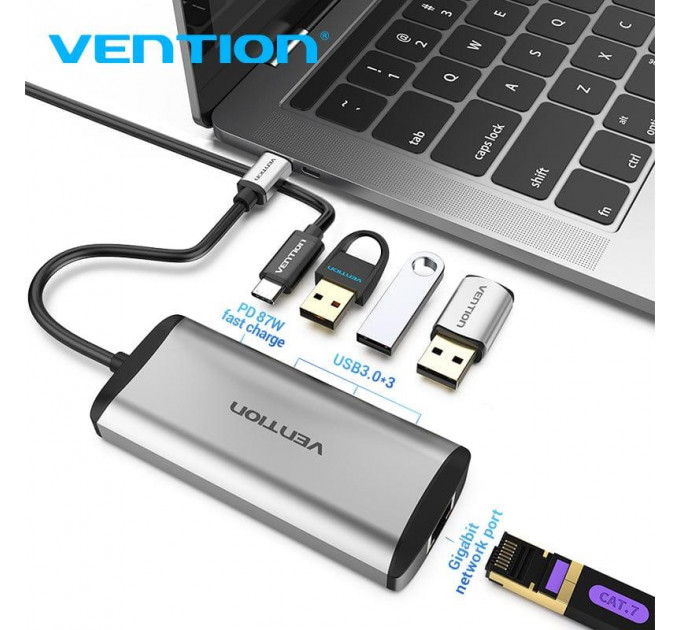 Концентратор Vention USB-C 3-Port, RJ-45, PD, 0.15 m (TGDHB)