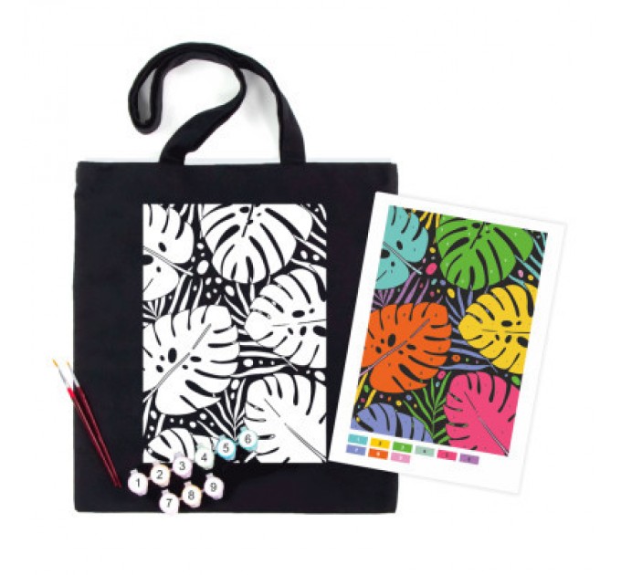 Набір для творчості Rosa екосумка-розмальовка, чорна, Тропічне листя 38х42см (4823098539735)