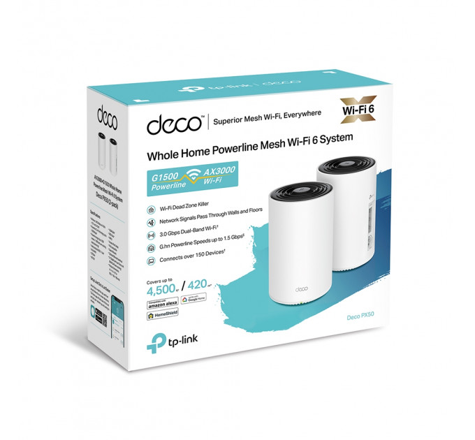 WiFi Mesh система TP-Link Deco PX50(2-pack) (AX3000, 3xGE WAN/LAN, MU-MIMO, Powerline)