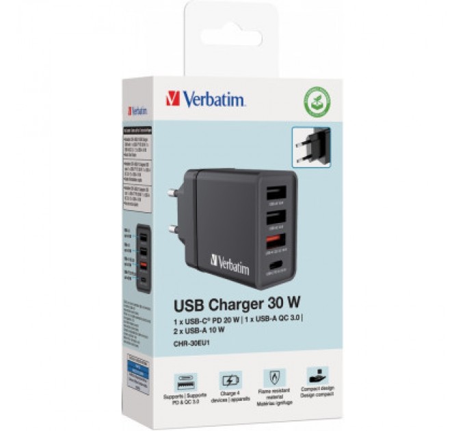 Зарядний пристрій Verbatim USB 30W PD3.0 4-ports black (49700)