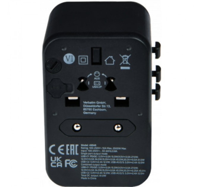 Verbatim Зарядний пристрій Verbatim UTA-04 PD61W (3xUSB-A/2xUSB-C) (49546)