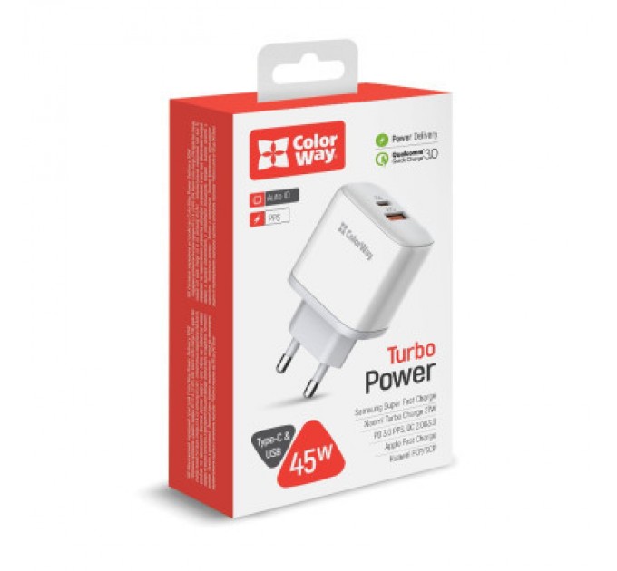ColorWay Зарядний пристрій ColorWay Power Delivery Port PPS USB (Type-C PD+ USB QC3.0) (45W) white (CW-CHS042PD-WT)