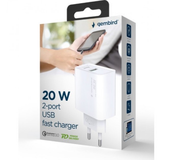 Gembird Зарядний пристрій Gembird USB-A + Type-C (PD20W + QC3.0 18W) white (TA-UC-PDQC20-01-W)