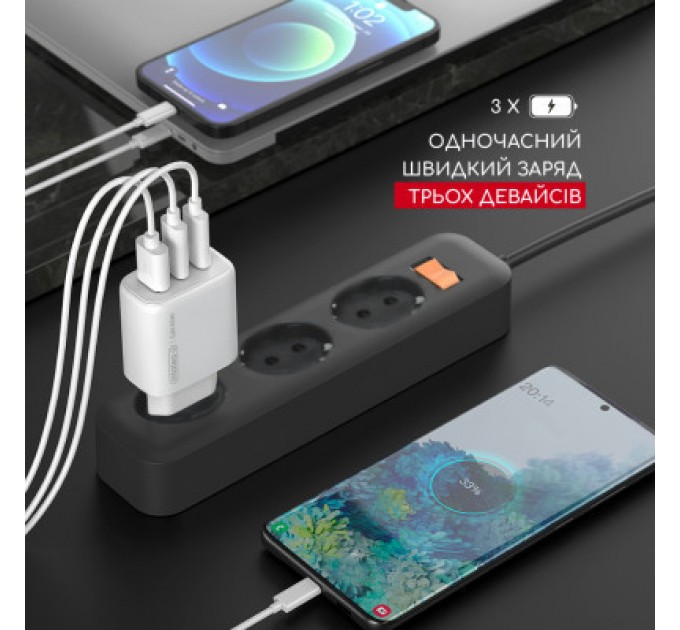 Intaleo Зарядний пристрій Intaleo 65W GAN 2USB-C PD+USB-A QC 3.0 white (1283126559525)