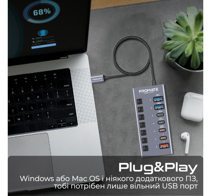 Концентратор USB Type-C Promate Gegahub-10G 7 in 1 Grey (gegahub-10g)