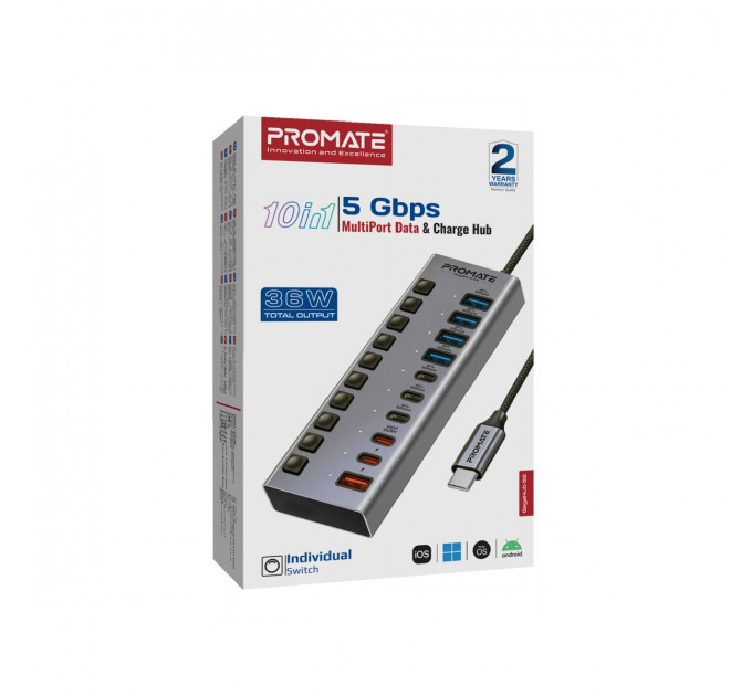 Концентратор USB Type-C Promate Gegahub-5G 10 in 1 Grey (gegahub-5g)