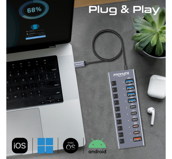 Концентратор USB Type-C Promate Gegahub-5G 10 in 1 Grey (gegahub-5g)