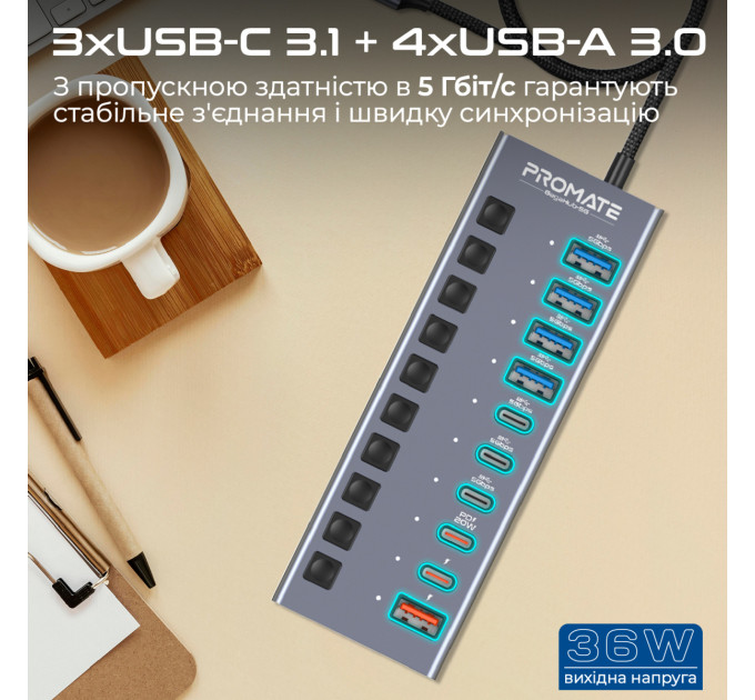Концентратор USB Type-C Promate Gegahub-5G 10 in 1 Grey (gegahub-5g)
