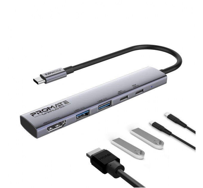 Концентратор USB Type-C Promate LinkHub-5x 5 in 1 Grey (linkhub-5x)