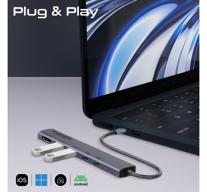 Концентратор USB Type-C Promate LinkHub-5x 5 in 1 Grey (linkhub-5x)