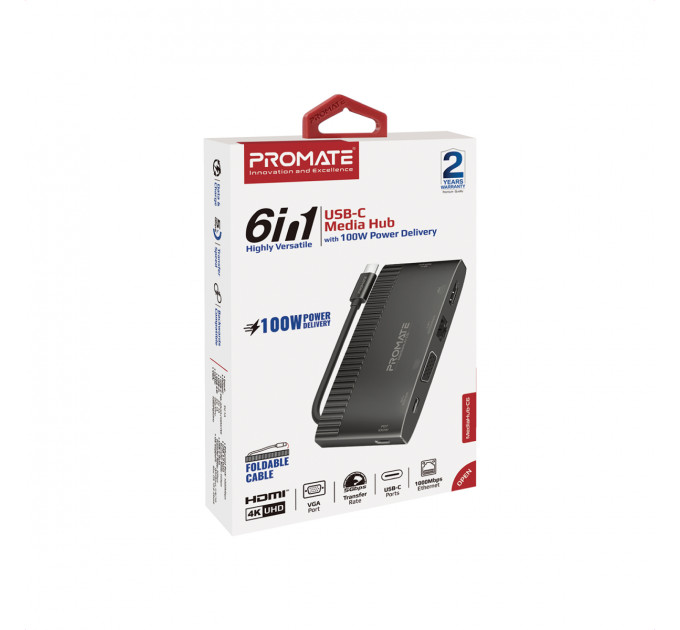Концентратор USB Type-C Promate MediaHub-C6 6 in 1 Black (mediahub-c6.black)