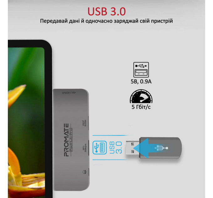 Концентратор USB Type-C Promate PadHub-Pro 4 in 1 Grey (padhub-pro.grey)