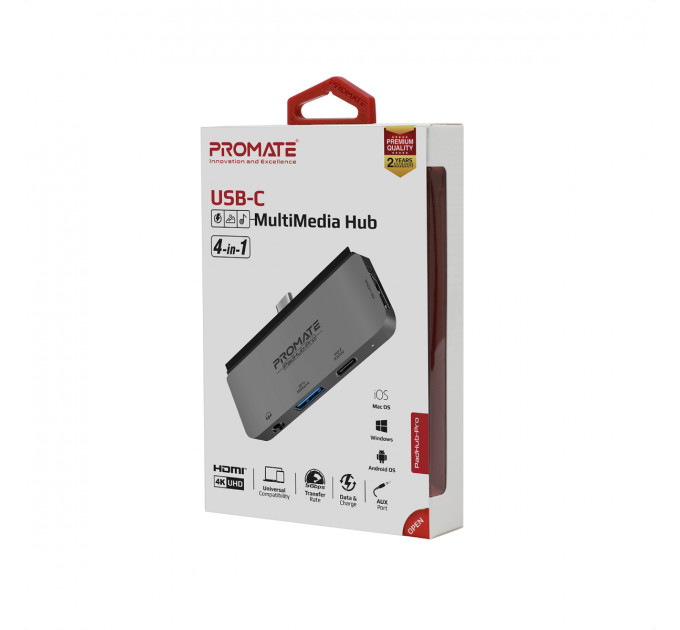 Концентратор USB Type-C Promate PadHub-Pro 4 in 1 Grey (padhub-pro.grey)