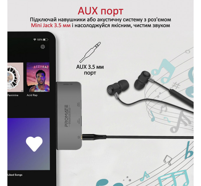 Концентратор USB Type-C Promate PadHub-Pro 4 in 1 Grey (padhub-pro.grey)