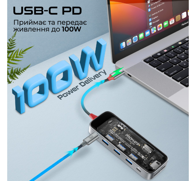 Концентратор USB Type-C Promate TransHub-Go 9 in 1 Grey (transhub-go)
