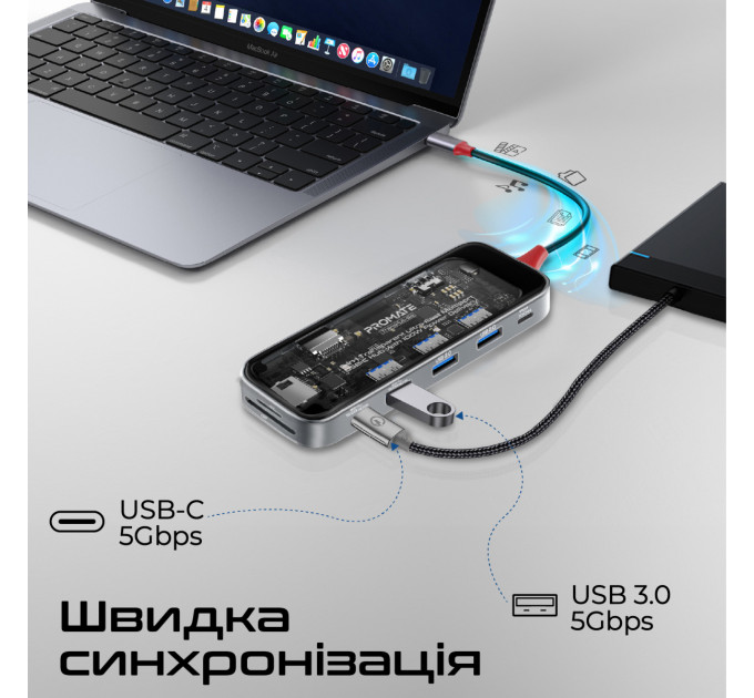 Концентратор USB Type-C Promate TransHub-Go 9 in 1 Grey (transhub-go)