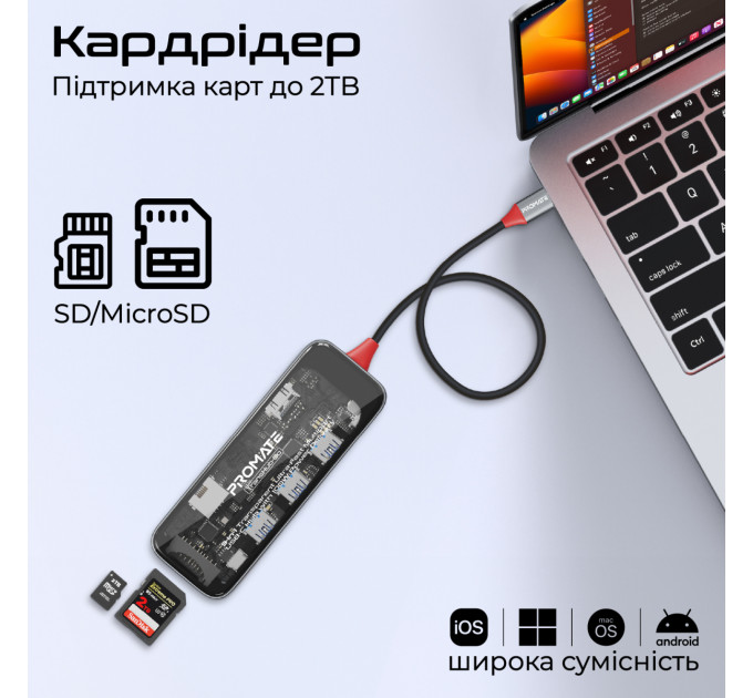 Концентратор USB Type-C Promate TransHub-Go 9 in 1 Grey (transhub-go)