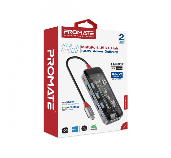 Концентратор USB Type-C Promate TransHub-Go 9 in 1 Grey (transhub-go)