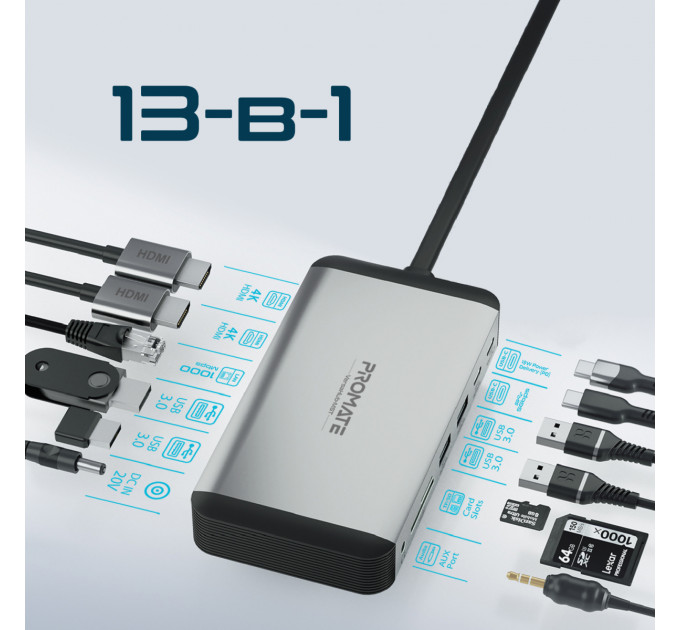 Концентратор USB Type-C Promate VersaHub 13 in 1 Grey (versahub-mst.grey)