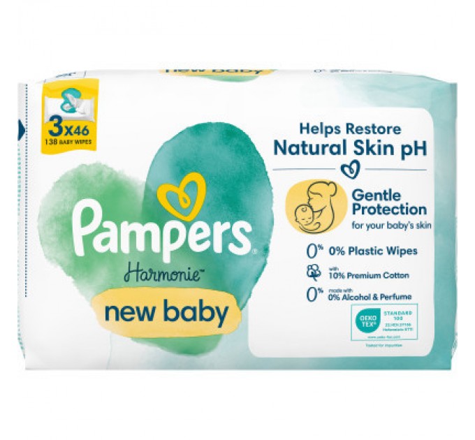 Pampers Дитячі вологі серветки Pampers Harmonie New baby 3 пачки х 46 шт (8700216201025)