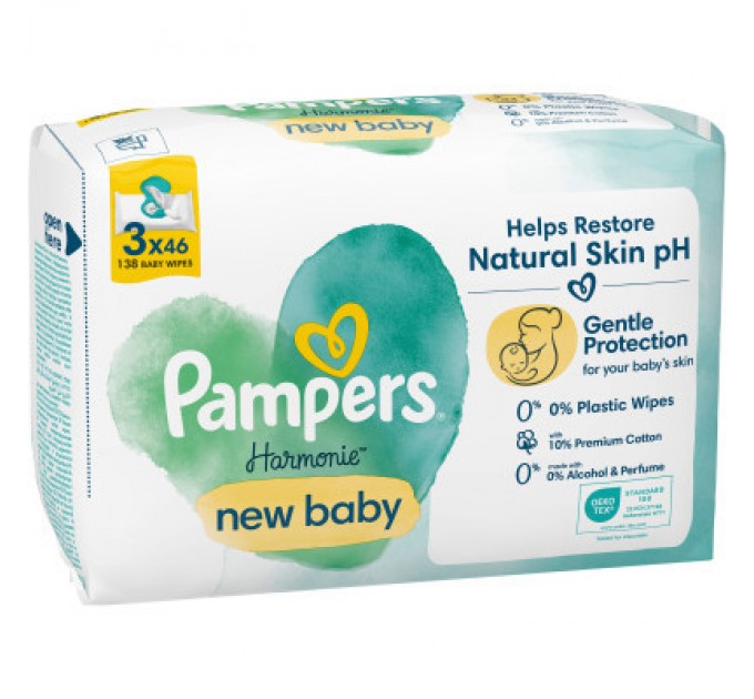 Pampers Дитячі вологі серветки Pampers Harmonie New baby 3 пачки х 46 шт (8700216201025)