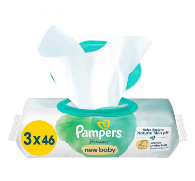 Pampers Дитячі вологі серветки Pampers Harmonie New baby 3 пачки х 46 шт (8700216201025)