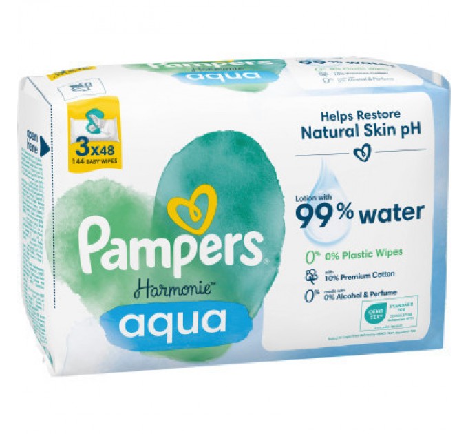 Pampers Дитячі вологі серветки Pampers Harmonie Aqua 3 пачки х 48 шт (8006540458525)