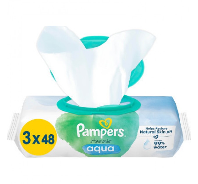 Pampers Дитячі вологі серветки Pampers Harmonie Aqua 3 пачки х 48 шт (8006540458525)