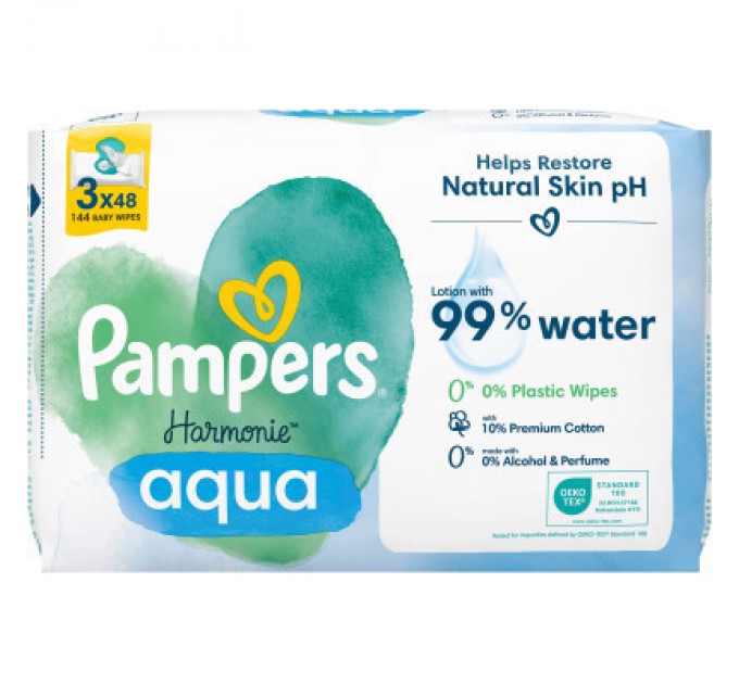 Pampers Дитячі вологі серветки Pampers Harmonie Aqua 3 пачки х 48 шт (8006540458525)