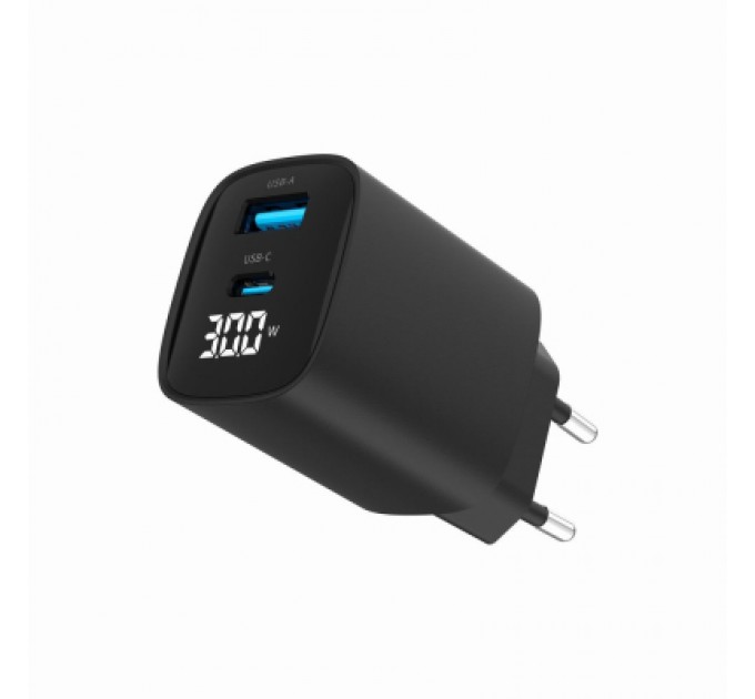 Gembird Зарядний пристрій Gembird 1xUSB-A (QC3.0 18W) + 1 Type-C (PD20W) LCD black (TA-UC-PDQC30LCD-BK-01)