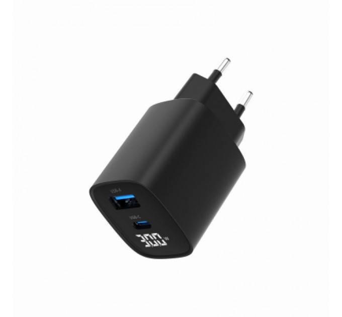 Gembird Зарядний пристрій Gembird 1xUSB-A (QC3.0 18W) + 1 Type-C (PD20W) LCD black (TA-UC-PDQC30LCD-BK-01)