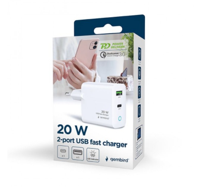Gembird Зарядний пристрій Gembird 1xUSB-A + 1 Type-C (PD20Вт + QC3.0 18Вт) white (TA-UC-PDQC20L-W-01)