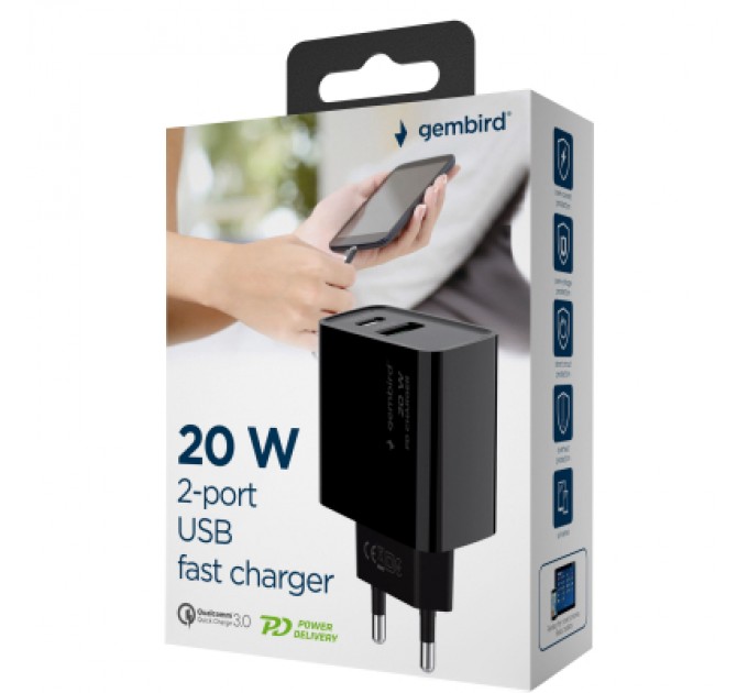 Gembird Зарядний пристрій Gembird 1xUSB-A + 1 Type-C (PD20Вт + QC3.0 18Вт) black (TA-UC-PDQC20-01-BK)