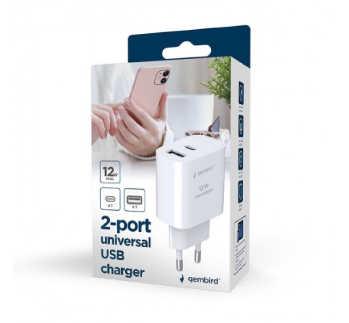 Gembird Зарядний пристрій Gembird 1xUSB-A+1xUSB-C 5V/2.4A (12W) white (TA-UC-2AC12-01)