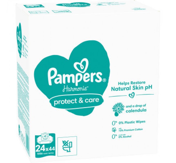 Pampers Дитячі вологі серветки Pampers Harmonie Protect&Care з календулою 24 пачки х 44 шт (8700216250603)
