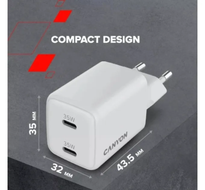 Canyon Зарядний пристрій Canyon CU35CC GaN 35W 2xPD EU White (CNS-CUW35CC)