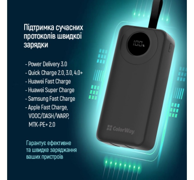 Батарея універсальна ColorWay 30 000 mAh EnergyPlus PD/18W, QC3.0/22.5W, Black (CW-PB300LPB4BK-PDD)