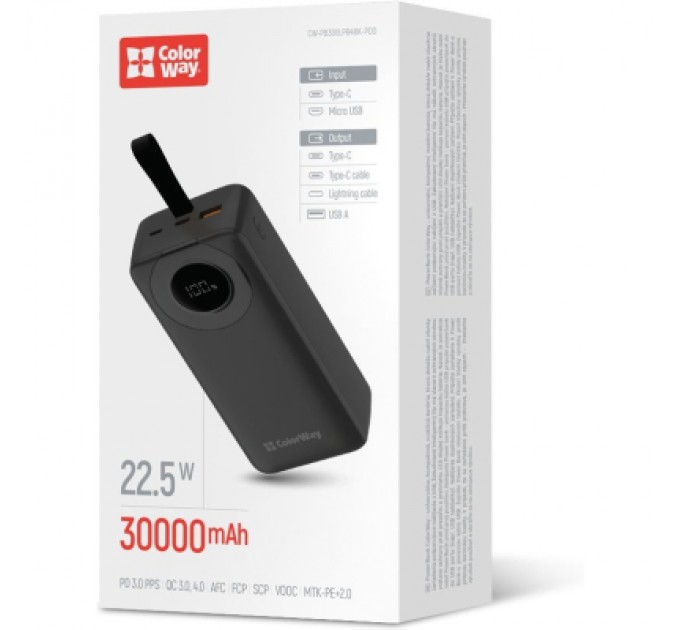 Батарея універсальна ColorWay 30 000 mAh EnergyPlus PD/18W, QC3.0/22.5W, Black (CW-PB300LPB4BK-PDD)
