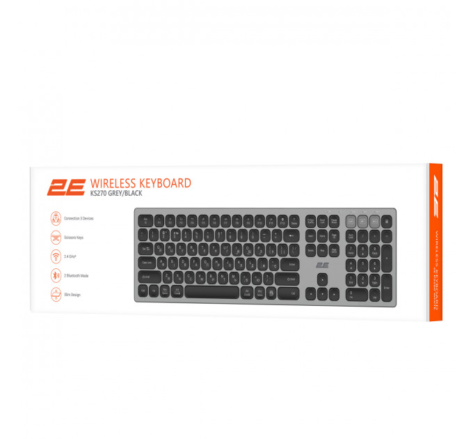 Клавіатура бездротова 2E KS270 WL/BT EN/UKR Grey/Black (2E-KS270WBGR_UA)