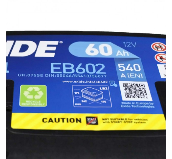 EXIDE Акумулятор автомобільний EXIDE EXCELL 60Ah Н Ев (-/+) (540EN) (EB602)
